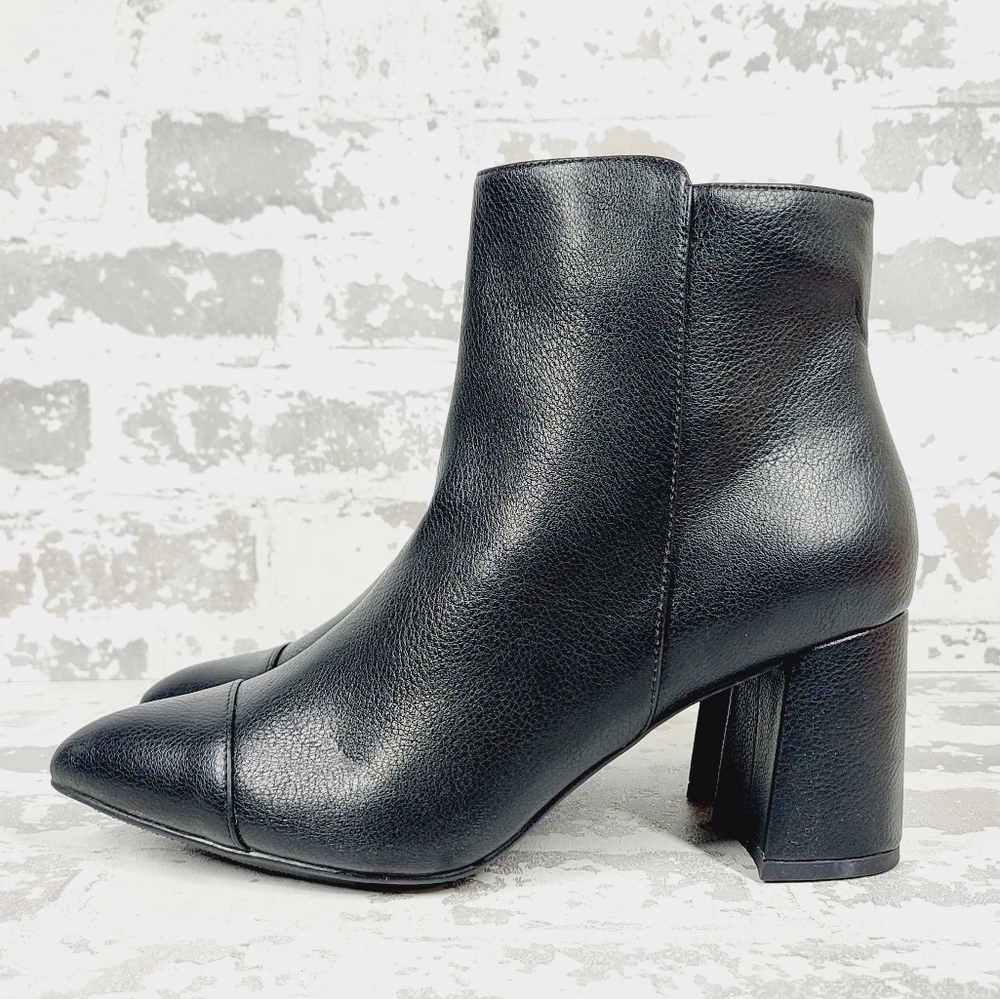 New ANN KLEIN Briggs Faux Leather Black Pointed Toe Block Heel Booties